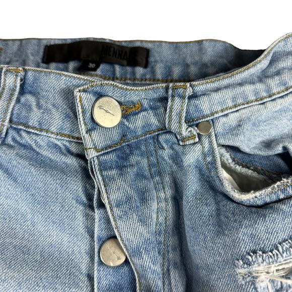 MENNACE Men's Light Wash Distressed Ripped Straight Leg Denim Jeans 30 Button - Picture 4 of 5